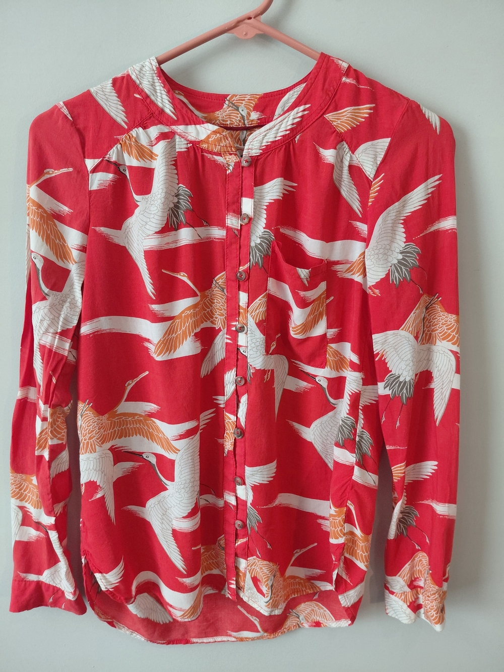 Anthropologie Red Blouse with White and Orange Crane Print